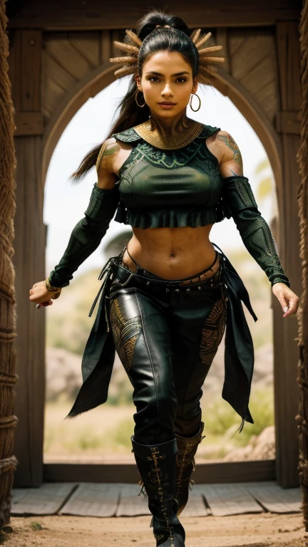 Woman with green eyes and freckles in full body pose running frontally to the camera. Woman has beautiful indigenous facial features. Woman has a large tribal tattoo from her arms over her shoulder and across her neck. Clothing is a ruffle crop top and mesh leather bell bottom pants and leather boots. Clothing color is black and yellow. The woman is accompanied by an anteater.