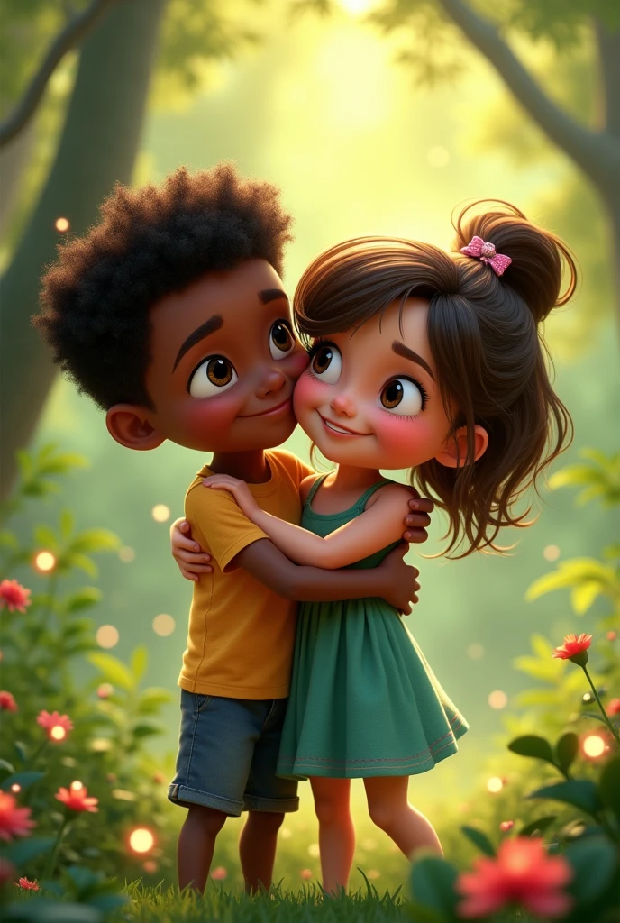 Create a Pixar cartoon-type image where a thin, dark-skinned boy appears hugging a somewhat chubby, black-haired white girl.