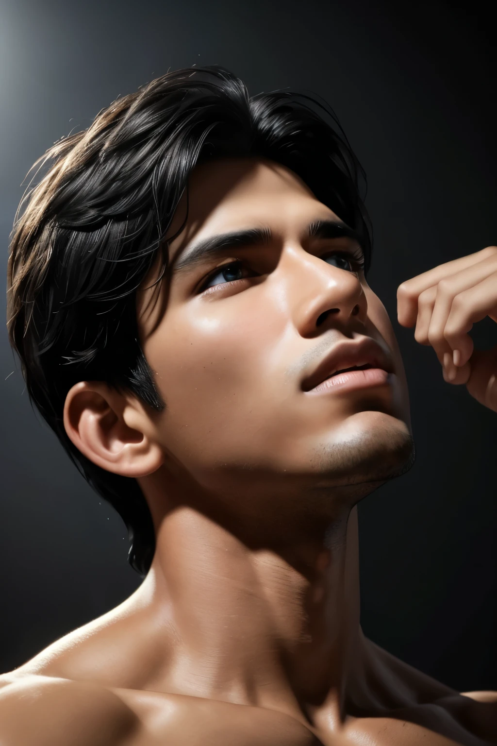 god of music, defined 30 year old man, brown skin, black hair, the bowl cut, he is naked, without clothes, lying in prone position, his ass is big, he is playing a recorder, simple made of wood, he It's in the middle of the Amazon rainforest, full body.