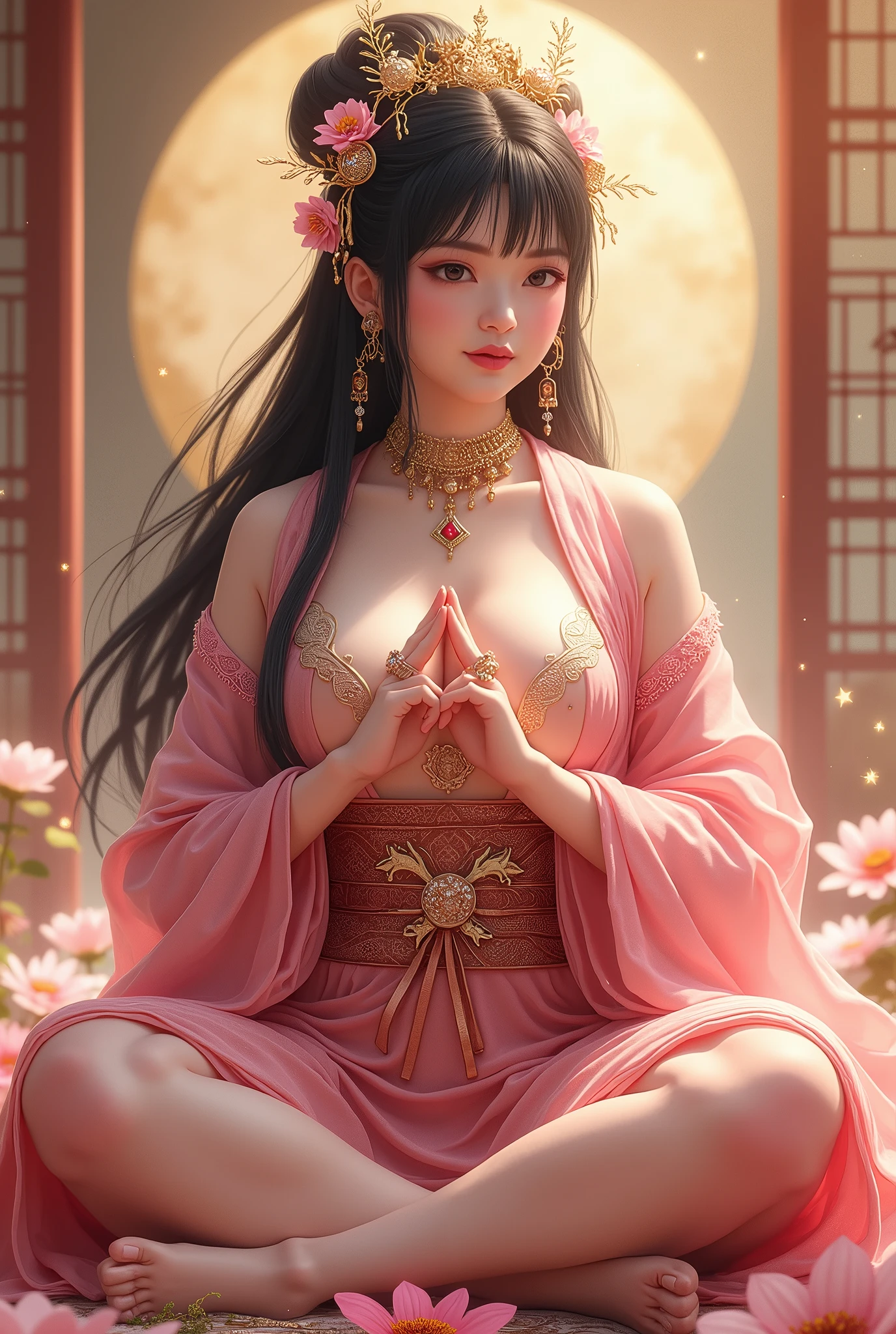 A traditional Asian artwork depicting a serene woman in an naked, standing with hands clasped. The background features a majestic, multi-tiered temple with ornate rooftops, surrounded by lush, blooming flowers and greenery. The scene is set in a tranquil, timeless night atmosphere with soft, pastel colors and a harmonious composition, evoking a sense of peace and cultural heritage at night