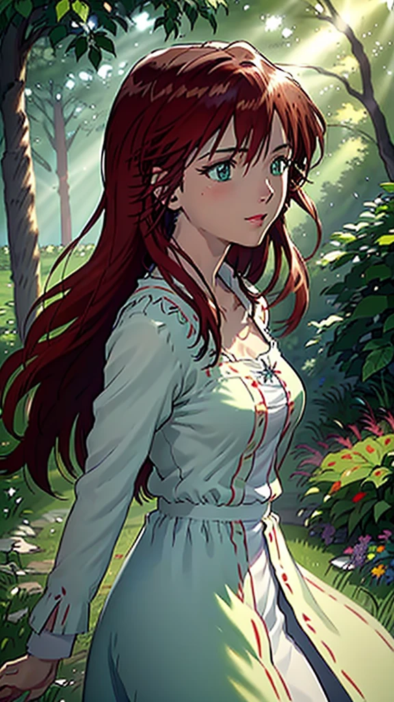 a beautiful detailed portrait of Mana Kirishima, long dark hair, green eyes, detailed facial features, intricate makeup, elegant expression, wearing a white dress, standing in a lush garden, sunlight streaming through the trees, vibrant colors, award winning digital art, highly detailed, cinematic lighting, photorealistic, 8k