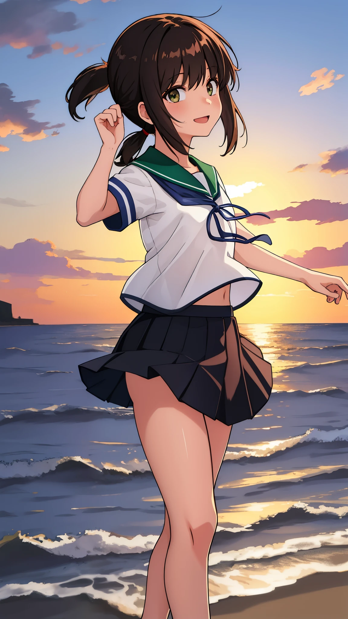 (masterpiece, best quality:1.2),illustration,8k,HD,Seaside,Sunset sky,1girl,solo,brown eye,振り返る, barefoot,(portrait:1.2),black_hair,short_ponytail,white seraph,sidelocks,low_ponytail,green_eyes,smile,black_eyes,school_uniform,pleated_skirt,skirt,