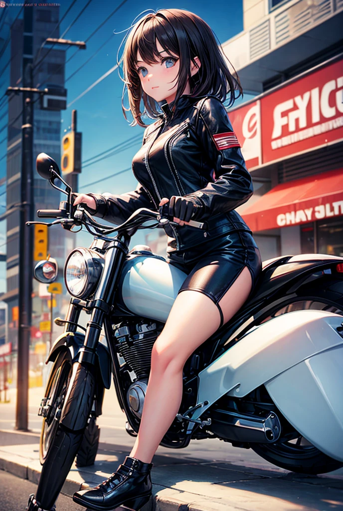 Beautiful and sexy woman in black leather full body suit, a woman riding a large motorcycle, long brown curly hair, hair blowing in the wind, red lipstick, Fujiko Mine from the anime Lupin III, Fujiko Mine, slender figure and beautiful bell-shaped breasts, high heeled black boots, Gotham City at night,