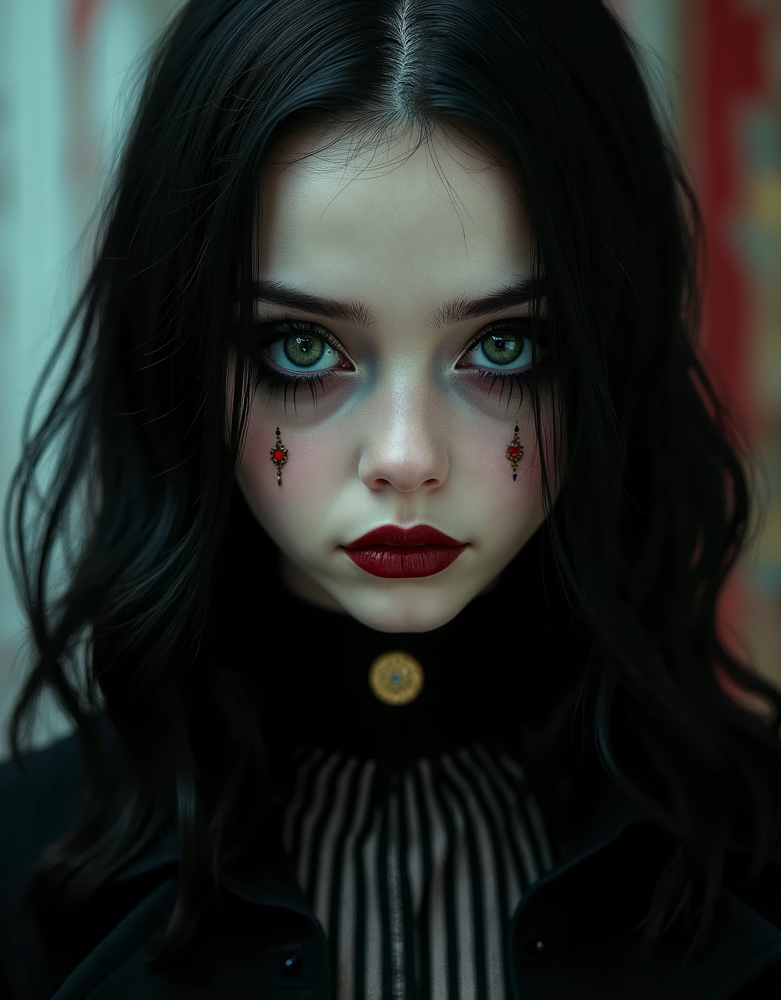horror art, dread, horror, creppy unity 8k wallpaper, ultra detailed, beautiful ultra detailed, oil painting( a young Mime Girlwearing a classic beret, She has short hair in dark brown color and her eyes are yellow, she wears white makeup on her face, on her left cheek she will have the symbol of swords, On her right cheek the symbol of hearts, she will have disfigured black makeup in her eyes, the environment is in a dark room the only source of light will be on top of the girl's head, she will have a scary smile, and wear red gloves