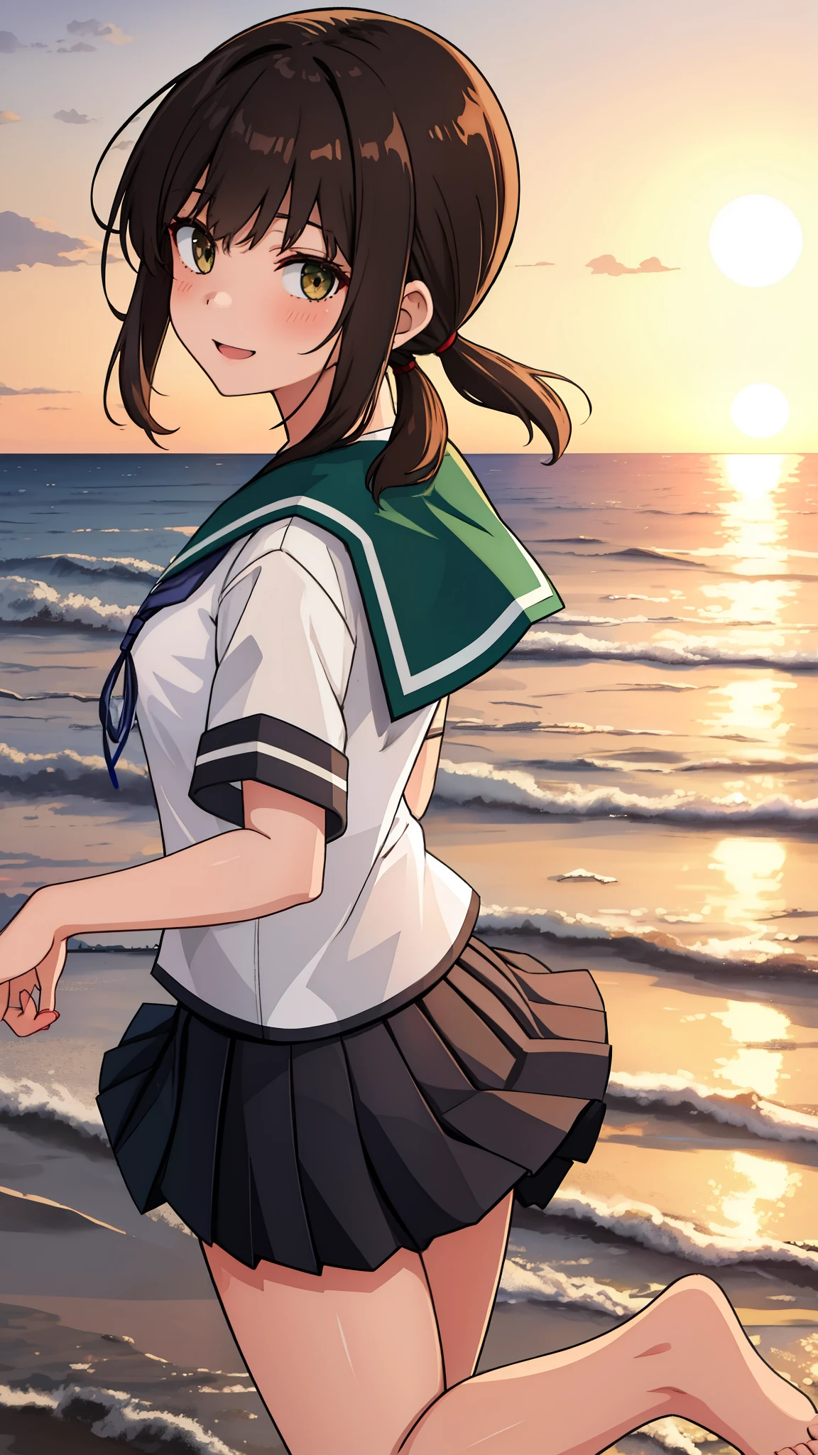 (masterpiece, best quality:1.2),illustration,8k,HD,Seaside,Sunset sky,1girl,solo,brown eye,振り返る, barefoot,(portrait:1.2),black_hair,short_ponytail,white seraph,sidelocks,low_ponytail,green_eyes,smile,black_eyes,school_uniform,pleated_skirt,skirt,