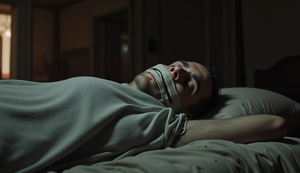 A realistic image of a white man lying on a bed with nomnal bullet wounds visible on his chest, covered by bandages. Only the bandages showed with few bloods