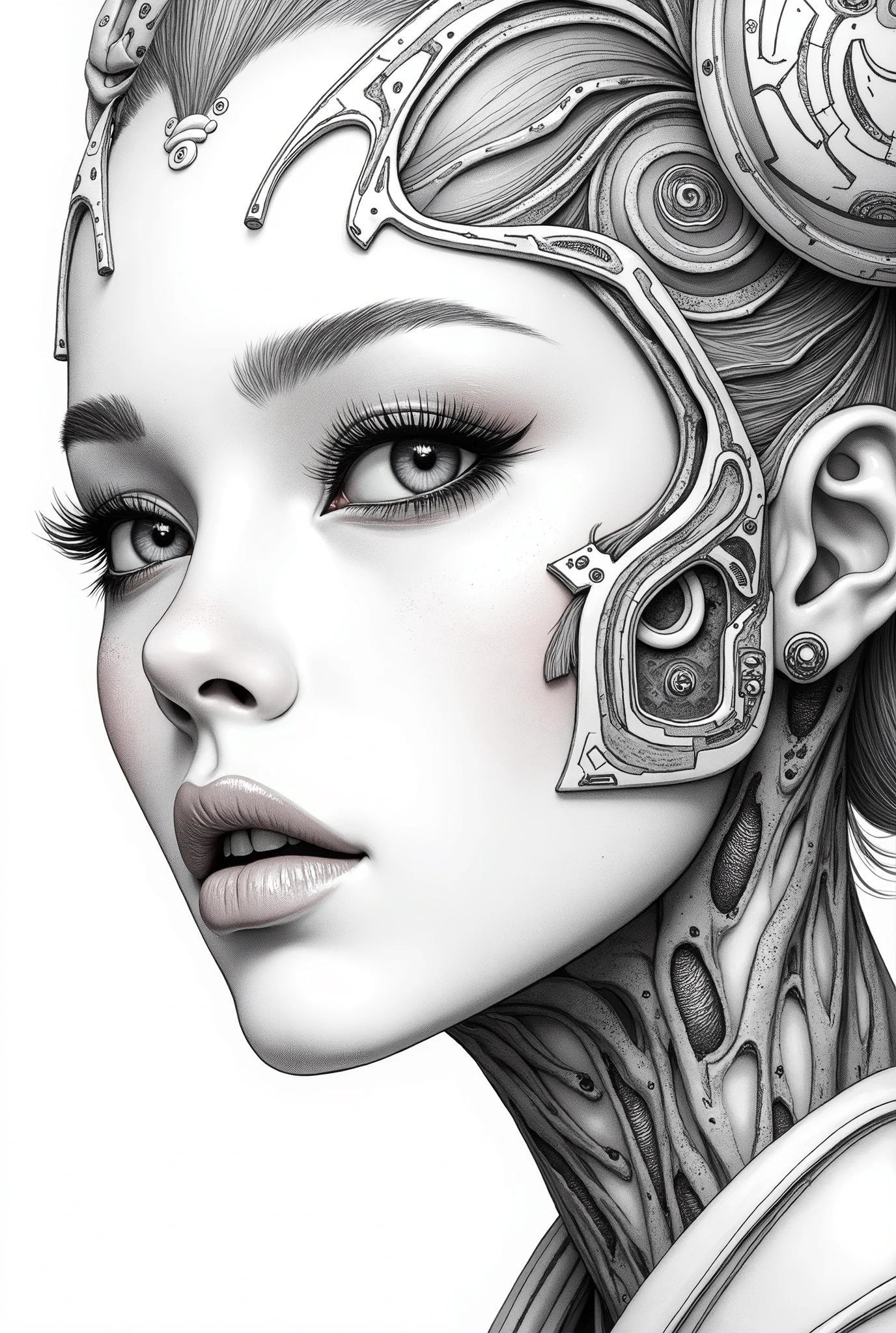 The focus would be the head of a clearly robotic woman, but with feminine and delicate features. The face could have metallic details, like soft plates and circuit lines that follow the natural shape of the skull, drawn in flowing and organic curves, Art Nouveau features.

The features would be highlighted to ensure her femininity: large, expressive eyes, well-defined lips and a delicate chin. Perhaps the eyes would be bright, with a slight blue or lilac shimmer, suggesting advanced technology. The hair could be made up of metallic wires or fine circuits, flowing like soft waves around her head, maintaining the elegant and stylized aspect of Art Nouveau, no excess details.

The neo-traditional style would bring striking lines around the face and the robotic elements, creating contrast and definition. The facial structure would be sculpted with shading, emphasizing the fusion between the organic and the mechanical. For colors, we could have metallic tones like silver, chrome or even gold in strategic parts, complemented by touches of blue or lilac in the sheen of the eyes and technological details.

This design would balance the futuristic aesthetic with the classic and elegant style, highlighting the feminine figure in an unmistakable way while maintaining the harmony between technology and art.