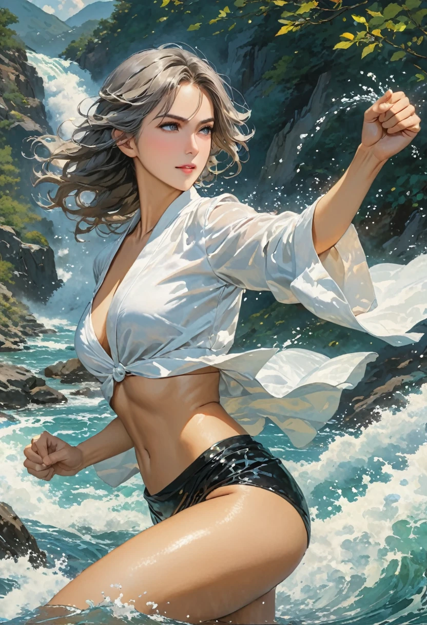 (((Highest quality, 8k, masterpiece:1.3)), elder, Fighter, ((Fisting)), Flowing water movement, Sharp Eyes, Toned Body