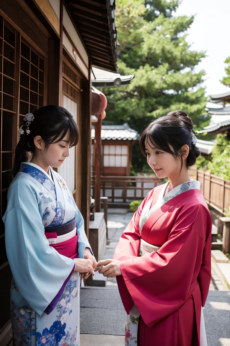 (highest quality、masterpiece:1.2)、highest quality、realistic、photograph、High resolution、1080P、8K、rough skin、physical rendering、1 Japanese women、Middle school students、cute、young face、curled hair、(japanese kimono:1.5)、Kyoto、full of embarrassment、smile、big