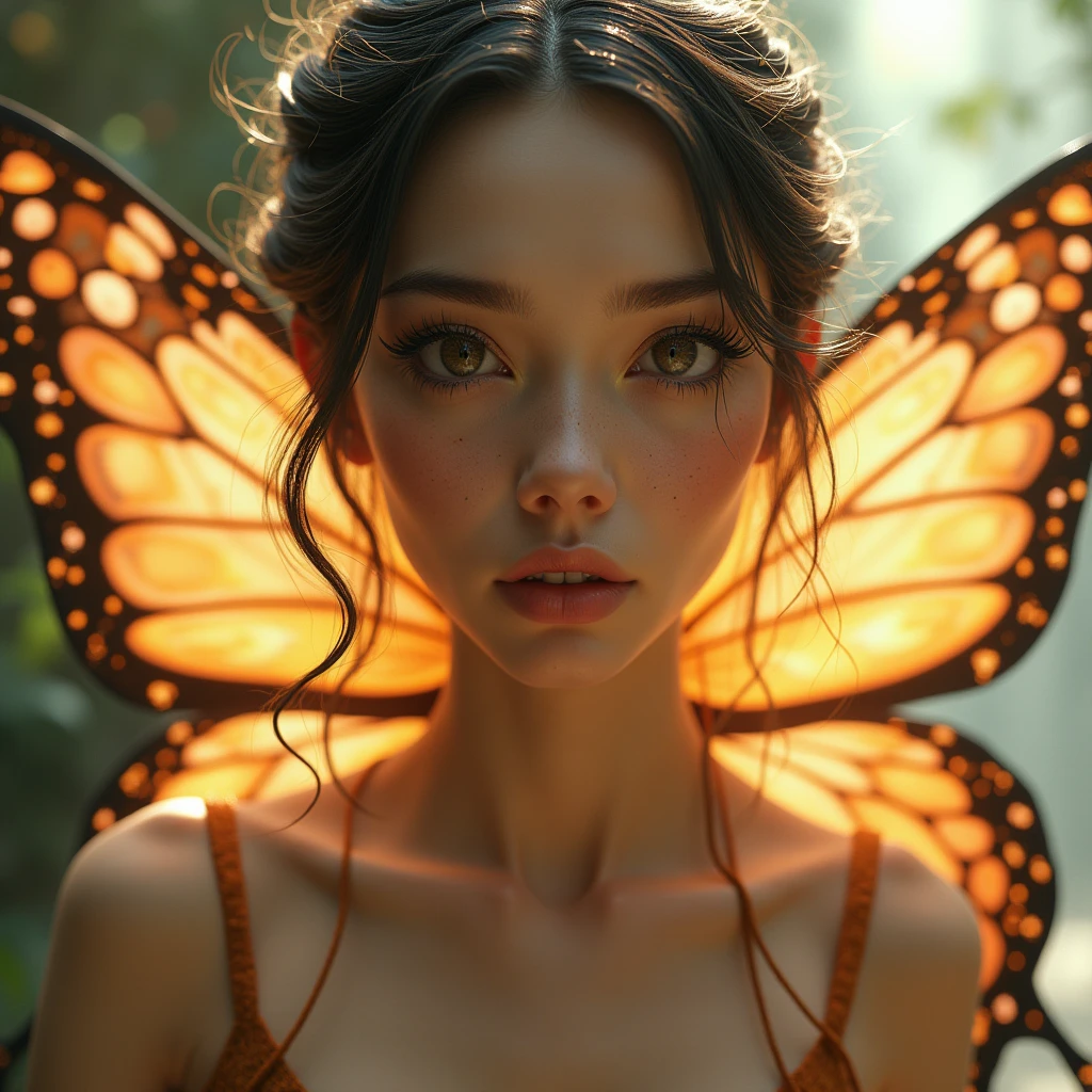 award winning portrait of topless beautiful girl looking at a backlit butterfly, nipples, bokeh, backlit, octane, unreal, epic composition