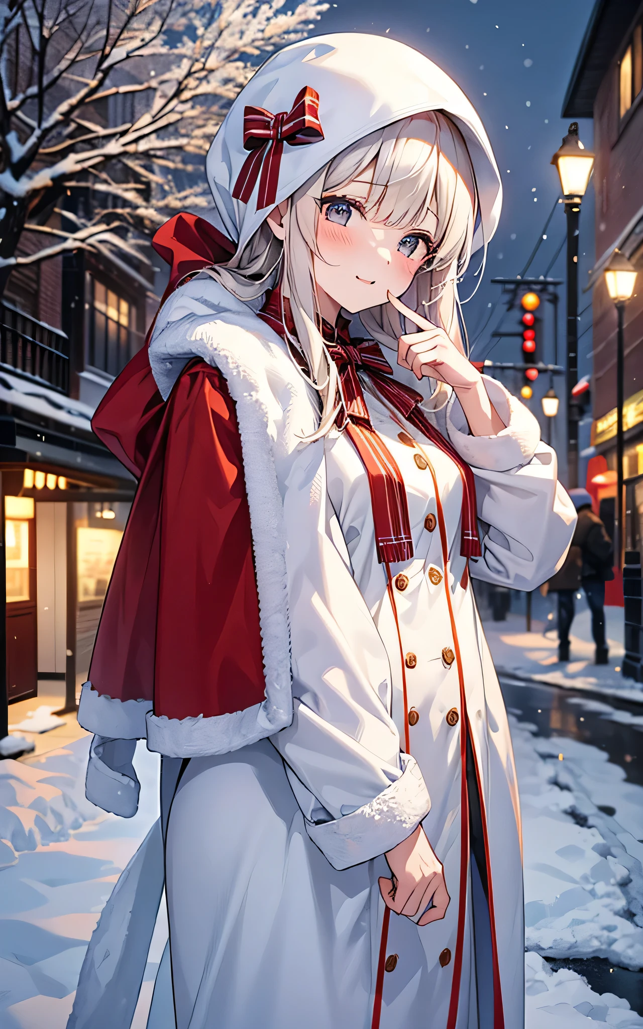 Anime girl in a white coat and red cape standing in the snow - SeaArt AI