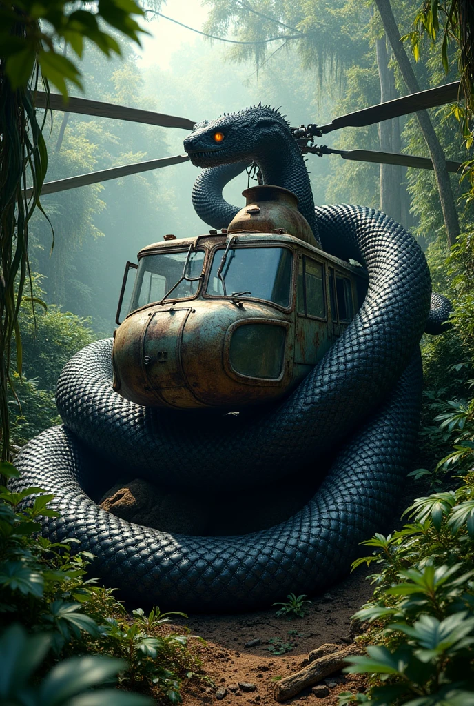 Image of giant black snake wrapped around abandoned helicopter in
