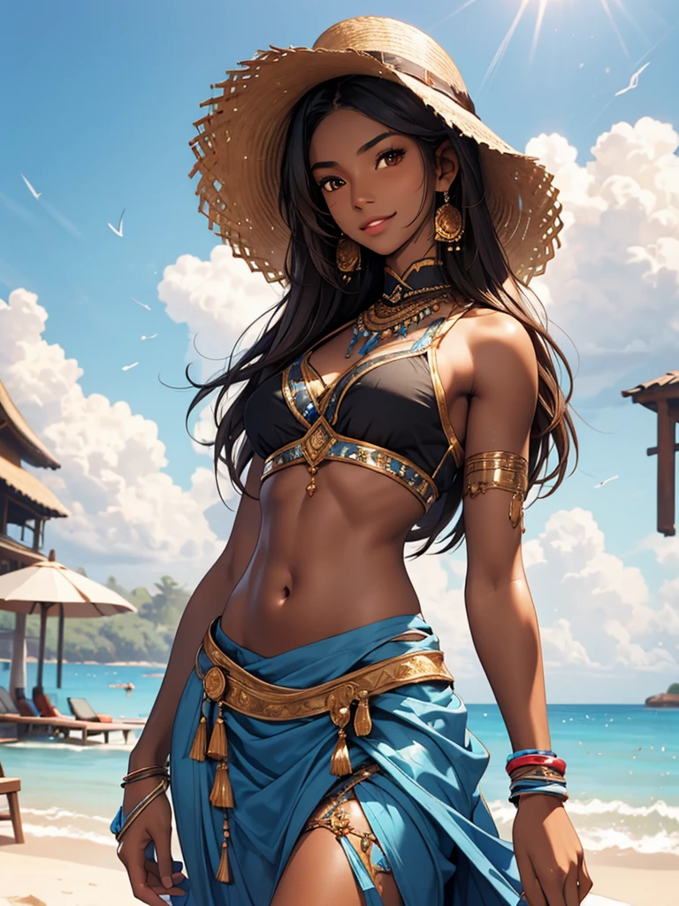 1girl, (flat chest), brown skin, (very small straight nose:1.1), big eyes, black eyes, clothes, Arabian, (realistic, highly detailed, masterpiece, best quality, photography:1.3), Beach background, portrait, drinking Starbucks posing for a photo