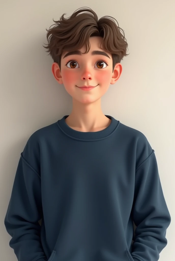 A 14 year old young man, With shaggy brown hair, nice face, Boxy face, And brown eyes, Wear a red turtleneck.,He puts his hand in his pocket