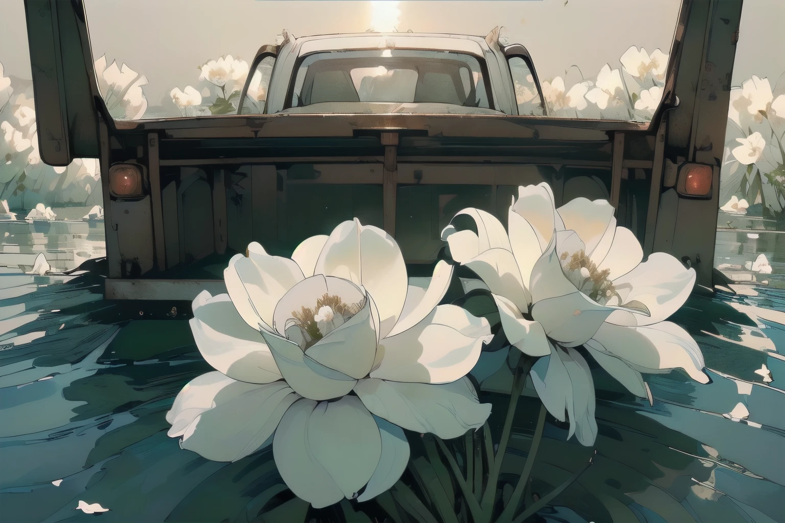 (((Masterpiece, top quality))), (((32K wallpaper))), ultra high resolution, (((close-up))), gorgeous light leak, (((backlit))), highly detailed background, top quality, (((no humans))), highly transparent river, (((extremely detailed rusty heavy truck with many white flowers)),  (((( very dull color )))), (((( white flowers in the water))), (((White petals fly)))