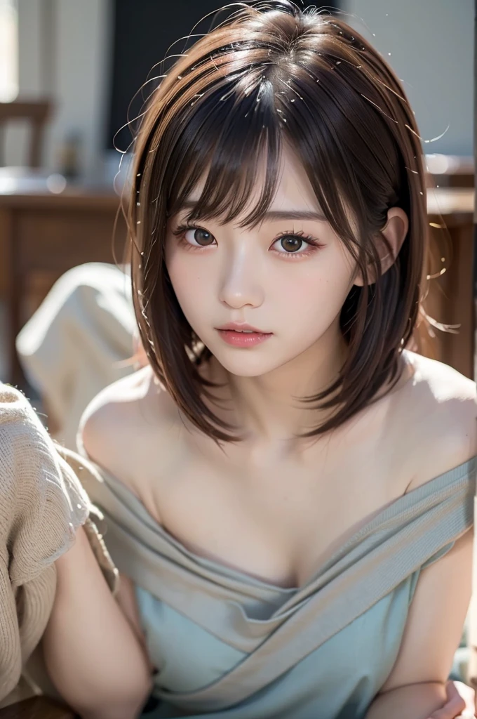 (1 nogizaka girl,ars old face,raw photo,photo realistic:1.5),(best quality, high quality,HDR, highest quality,ultra high resolution,high resolution,high res,ultra high difinition,huge file size,8K,2K wallpaper,8K wallpaper,high quality texture,amazing,an extremely delicate:1.4),one girl, Japanese famous idol,cute face,small face,absurd,ridiculous,incredibly ridiculous,blurry background,(goddess costume,short hair,cleavage,erect nipples,no makeup:1.2),medium skin,beautiful skin,detailed skin,black hair,silky hair,black eyes,Japanese nose,5-fingers,(Light Particles, Lens Flare, Luminous Particles: 0.7),looking at viewer,bright lighting,professional lighting,girl