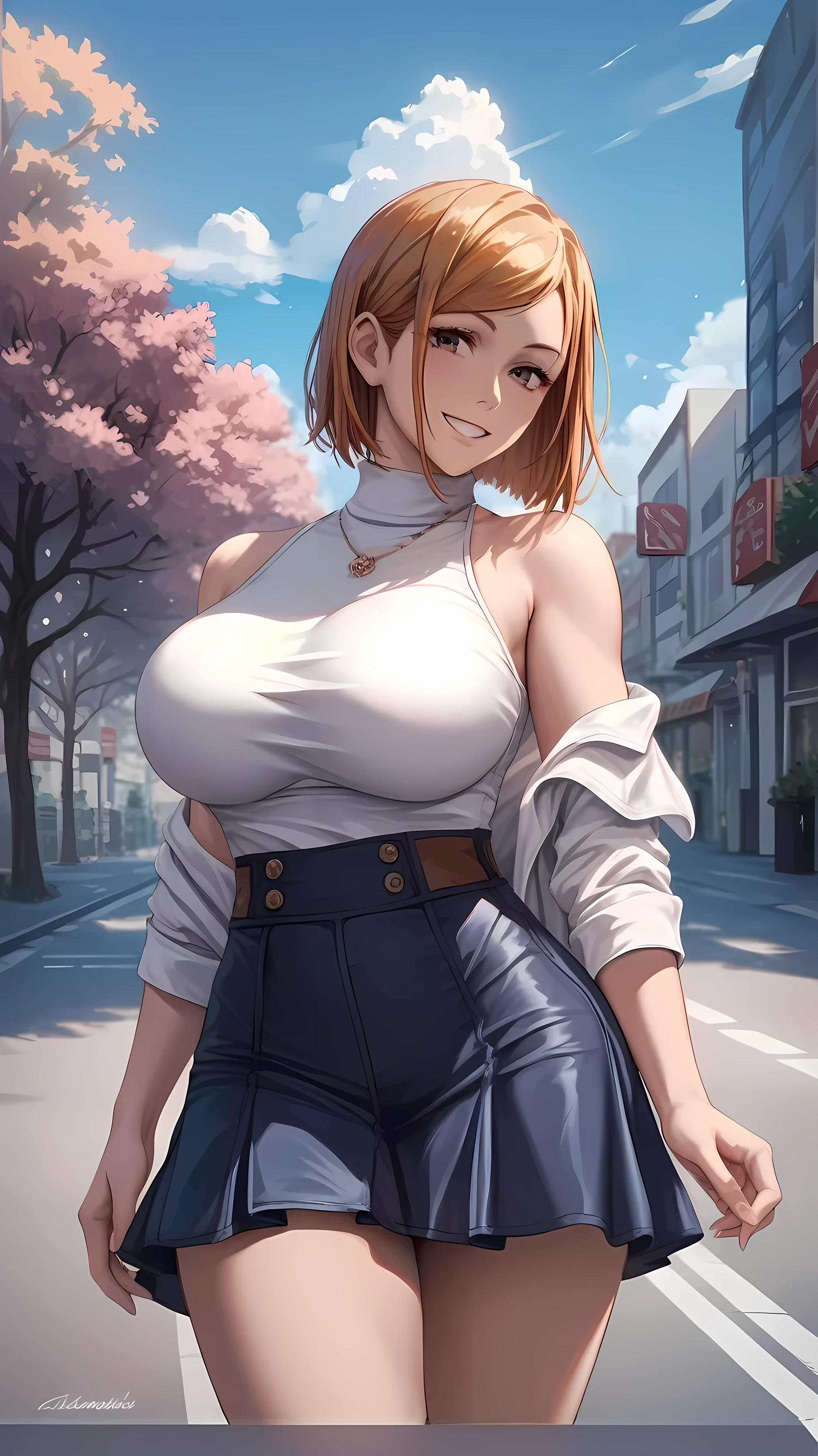 score_9, score_8_up, score_7_up,score_6_up, source_anime, solo, sharp gaze, tree on the side of the road, 1girl, kugisaki nobara, smile, looking at viewer , white shirt, off-shoulder shirt, white tight sleeveless turtleneck, thigh-tight skirt, outdoors, city street, blue sky,4K,Detailed,4k highly detailed digital art,masterpiece,best quality,ligne claire,(cool_color),perfect composition,absurdres, {Highest quality}, {so beautiful}, {Very detailed}, {Best illustrations},{uncensored}