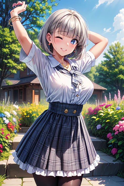 masterpiece, best quality, highres, ffnoel, short hair, x hair ornament, green eyes, blue bowtie, white shirt, collared shirt, black skirt, plaid skirt, pleated skirt, miniskirt, smile, outdoors, cherry blossoms, standing, cowboy shot, open mouth,nude,nude