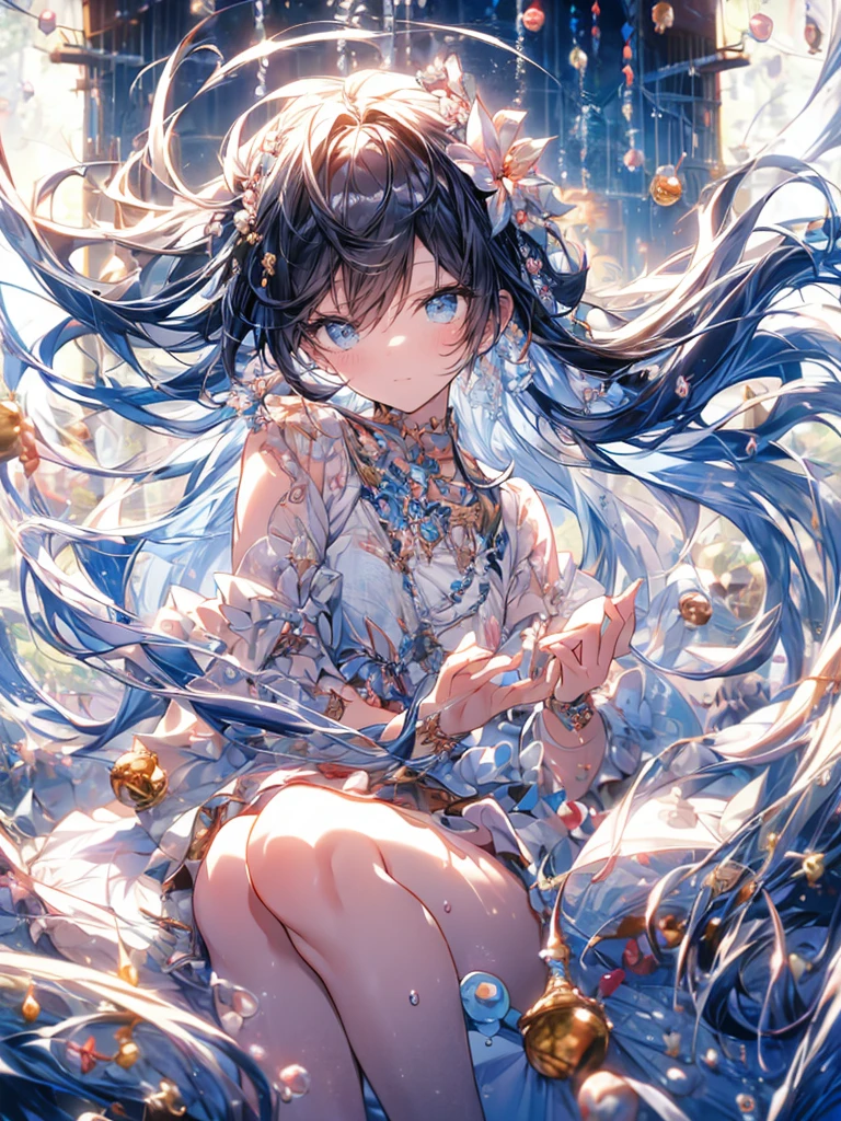  (masterpiece), (highest quality), (Super detailed),(messy hair),(shape), (1 girl), (Kindergarten children)detailed and beautiful eyes,delicate beautiful face,floating,(high color saturation),(Pearl Accessories),Pearl Ball Bubble,(shining), Sit on a pearl ball, Panty shot