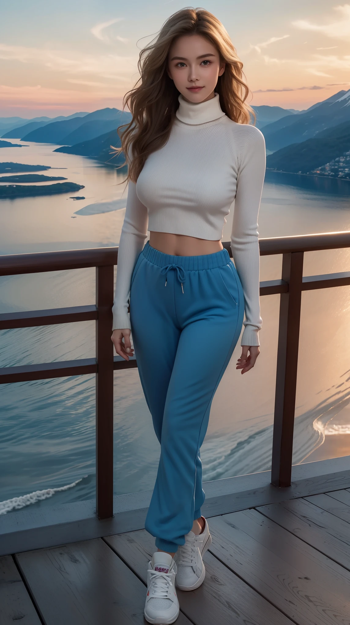 a gorgeous European blonde woman, age 18, wavy hair, subtle smile, flirting with camera, She's standing upright on the edge of a cliff, with a stunning view of a Norwegian fjord below, (she’s wearing a turtleneck sweater, dark thighs pants, sneakers:1.2), in the sunset light,perfect eyes, perfect hands, perfect body, perfect hair, perfect breast, UHD, retina, masterpiece, accurate, anatomically correct, textured skin, super detail, high details, high quality, award winning, best quality, highres, 16k, 8k,