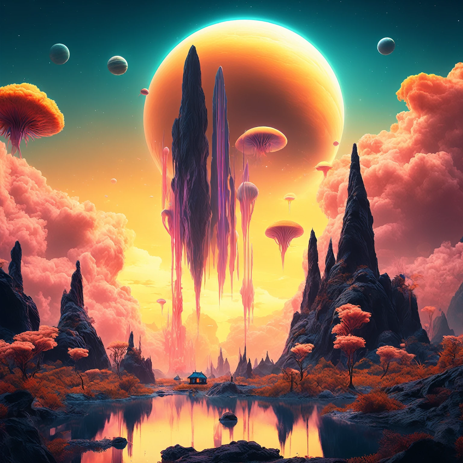 a breathtaking alien landscape, 2 suns in the sky, atmospheric colors, vast fields, lush trees in the background, dense foliage, fantastical creatures, cinematic, photographic, synthwave, (best quality,4k,8k,highres,masterpiece:1.2),ultra-detailed,(realistic,photorealistic,photo-realistic:1.37),dramatic lighting, vibrant colors, intricate details, dynamic composition, ethereal atmosphere, matte painting style, planetary landscape, bioluminescent flora and fauna, alien architecture, floating islands, glowing skies, otherworldly scenery