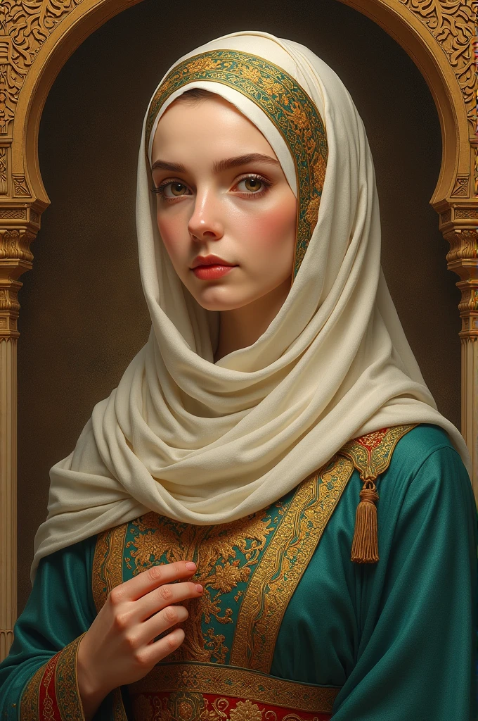 high-quality, super realistic, Imagine a hyper-realistic composition that seamlessly integrates John Singer Sargent's beautiful details with the dreamlike elegance of Alphonse Mucha, creating a portrait of a beautiful woman where realism and Art Nouveau mysticism meet, A striking woman depicted against a background of silvery swirling patterns inspired by Mucha's iconic silvery ornamental design, Hijab-clad woman (full body gemoy professional body shape)) and adorned with flowing clothes that echo Mucha's romantic style, with intricate patterns seamlessly intertwined with the hyper-realistic details of her clothes, by Yukisakura, very detailed,
