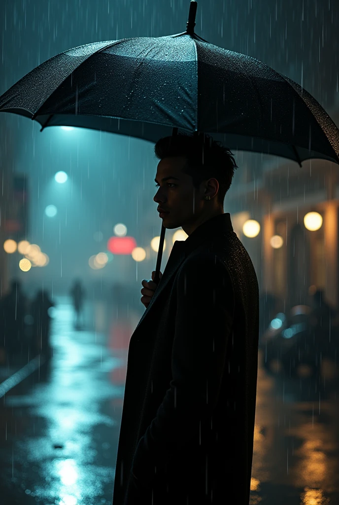 Handsome guy sitting on the ground in the rain at night, smoking a cigarette and crying
