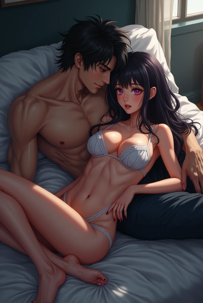 A young black-haired man with a great figure takes off his shirt and embraces a young woman wearing lingerie in the bedroom.