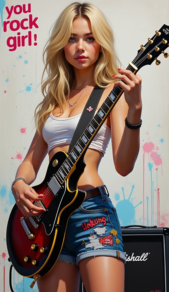 A Gil Elvgren pin-up style painting of a beautiful blonde woman with big messy hair in seductive lingerie, cleavage, white stockings, in a provocative pose with a guitar, vibrant and colorful, 