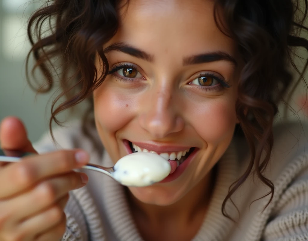 Mujer manchada de la cara con yogurt
