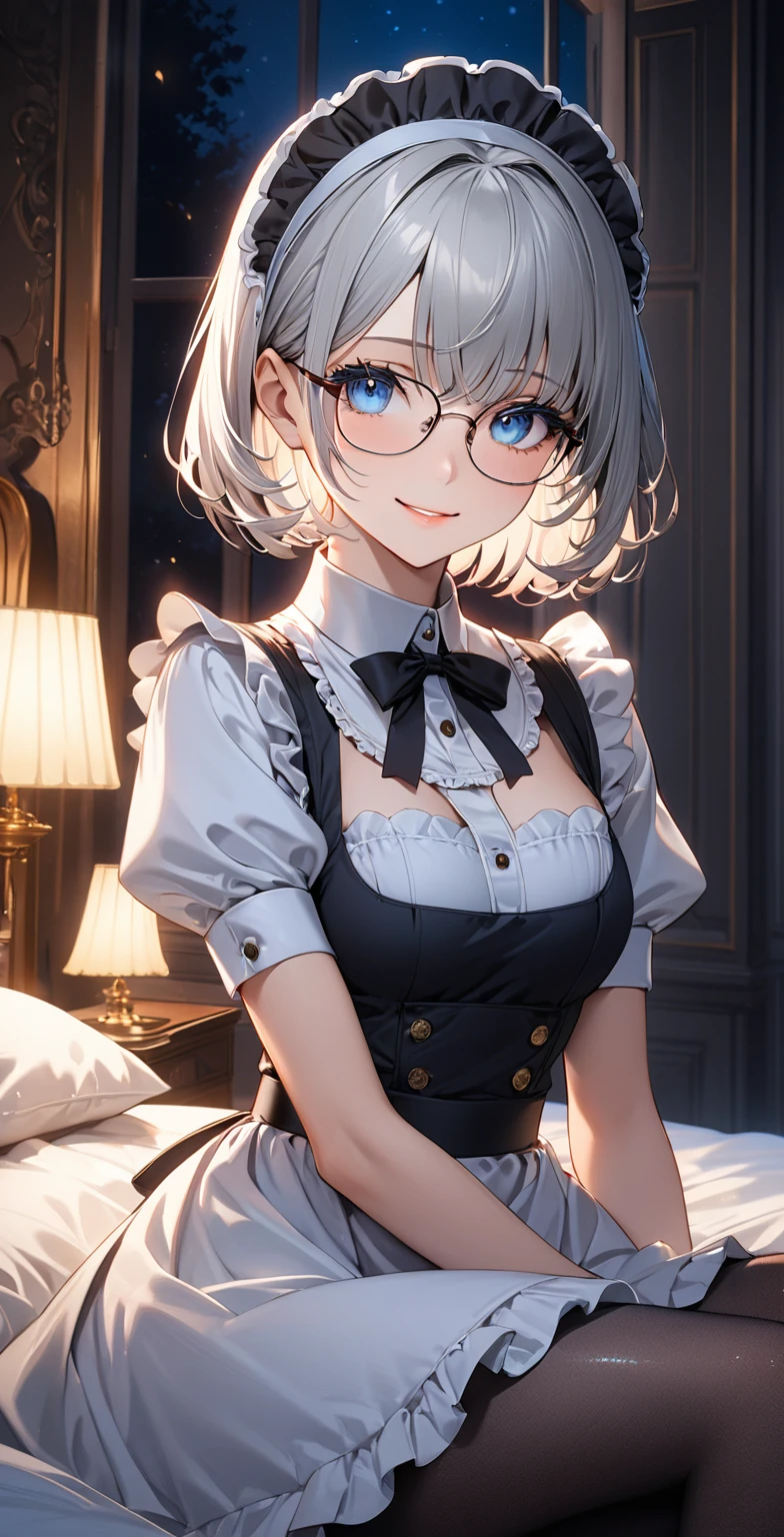 (Maid:1.5),(best quality,Extremely detailed,high resolution:1.2),beautiful girl,Exquisite makeup and perfect face, Long eyelashes, Detailed eyes and lips, A bright smile,Shiny Hair,(The cutest girl in the world:1.5),Exquisite makeup,Glasses