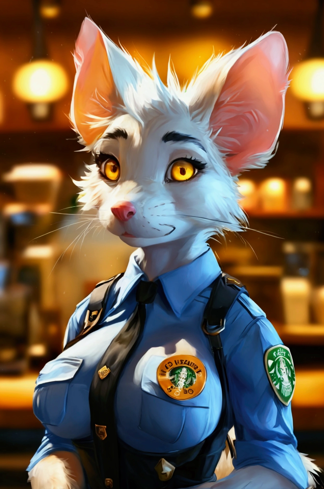 (anthro)) Officer Flint, rat, Ross Tran, by ruan jia, by zaush, by foxovh, by cutesexyrobutts, Best Quality, masterpiece,, Illustration, Wallpaper,1girl in, Solo, hair, dot piercings 3 in 2 row down her snoot,  multipule golden ear piercings , yellow eyes, glowing eyes, Beautiful detailed girl, extremely detailed eye and face, black dragon tattoo on her arm, Beautiful detailed eyes, natural_Lighting, Looking at Viewer, Thick_thighs, big ass, tall, hourglass figure, female, cute, Starbuck, casher, barista, Starbucks apron, large breasts, natural breasts, tail, tall, happy expresion, wide hips thin waist, 1k