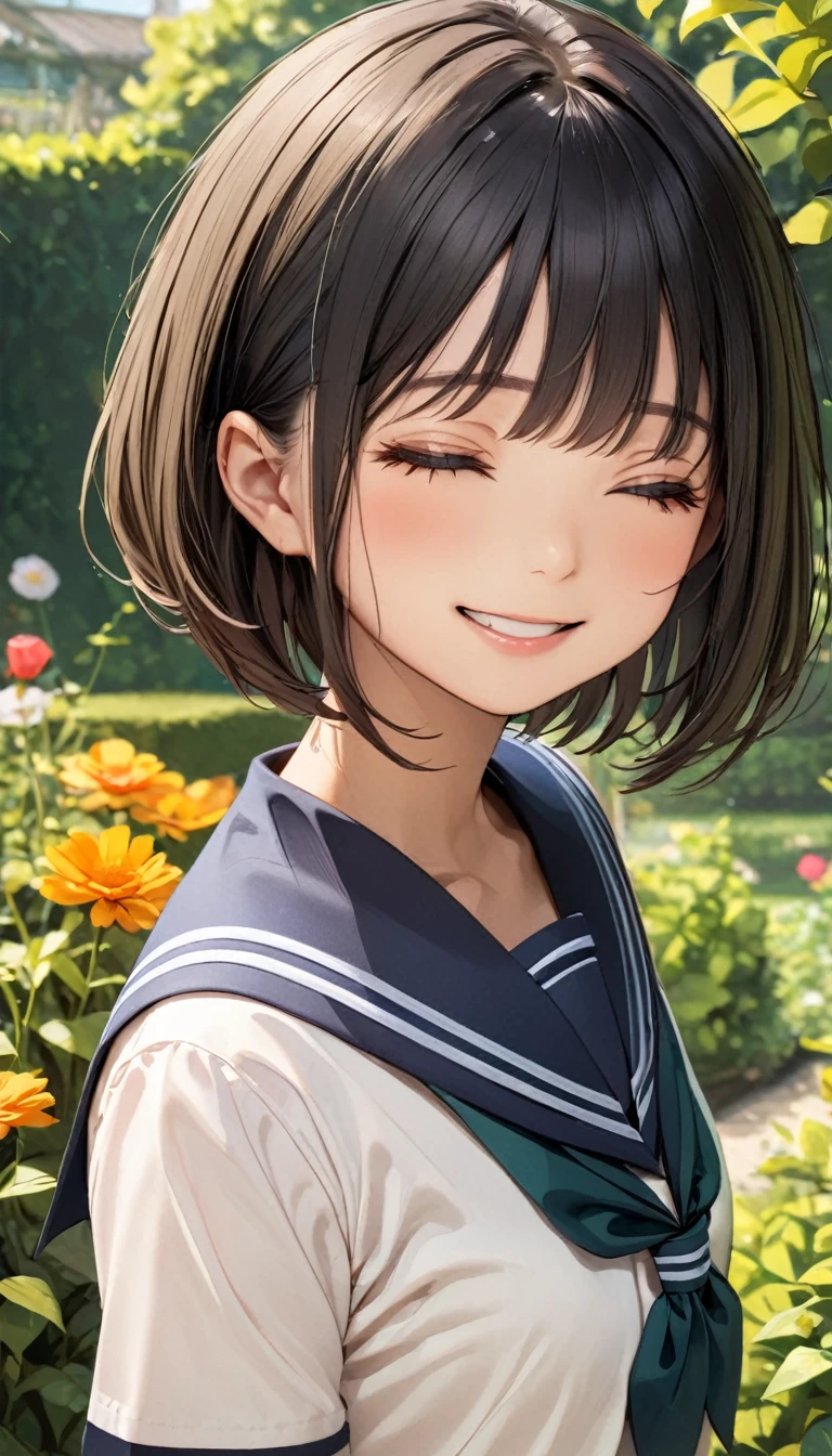 Cowboy Shot、 1 girl, Black Hair, Short Bob Cut, School uniforms, Sailor suit, (((garden, background:1.4))), blush:1.2, Close your eyes and smile, ((Open your mouth a little, Important confession moment)), Light and shadow with attention to detail, backgroundぼかし, (Highest quality:1.2,  Very detailed, Attention to detail, masterpiece:1.2, Best aesthetics),