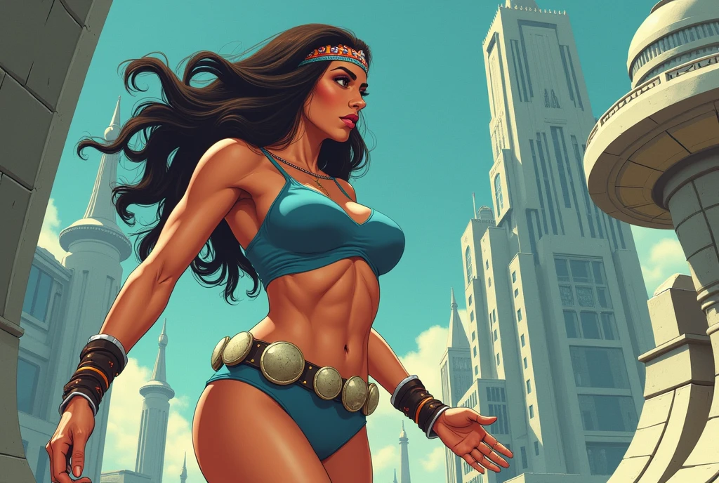 best quality, detailed background, masterpiece, realistic, dynamic pose, woman wearing a white crop top and a red thong, druuna, dark blue eyes, white crop top, red thong, full lips, temple ruins background
