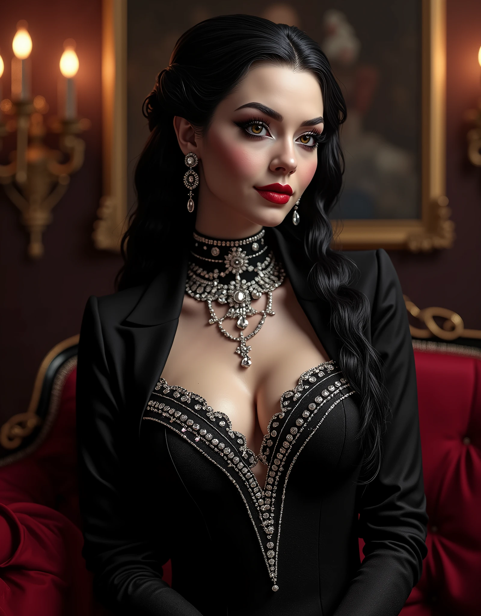 Midnight darkness envelops the ornate coffin, its black lacquer glistening like polished onyx. The Countess's face, once radiant with life, now appears serenely tranquil, her features frozen in an eternal slumber. Her raven tresses cascade down the sides of the coffin like a velvet waterfall, framing her pale complexion and striking red lips that subtly curve upward, revealing two razor-sharp fangs. The cold, unyielding marble beneath her body seems to absorb the faint luminescence emanating from the candelabras, casting an eerie glow on the scene., Gothic horror, vampiress, The erotic sleeping pose of a vampiress who is captivating even when she bares her fangs, professional, vivid colors, perfect anatomy, ideal facial features, ideally proportioned figure, perfectly beautiful body, super detailed skin, glossy skin, glistening skin, fresh white skin, Glamor, soft and curvy, body conscious, (indoors, The burial chamber of an ancient castle, a luxurious coffin lined with crimson velvet carpet), lying, upper body shot, Straight-on shot, Portrait, black long hair, Forehead, arched eyebrows, double eyelids, Closed eyes, Eyelashes, nose, nostrils, full lips, dark lipstick, glossy lips, (A slightly open whispering mouth, teeth, vampire fangs), neck, collarbone, deep cleavage, Upper breast swelling, Gigantic Breasts, shallow depth of field, entirety of sharp focus, vignette, highly detailed, high budget, bokeh, cinemascope, moody, epic, gorgeous, film grain, grainy, masterpiece, incredibly absurd resolution, absolutely resolution, ultra high resolution, Vampire Fangs,