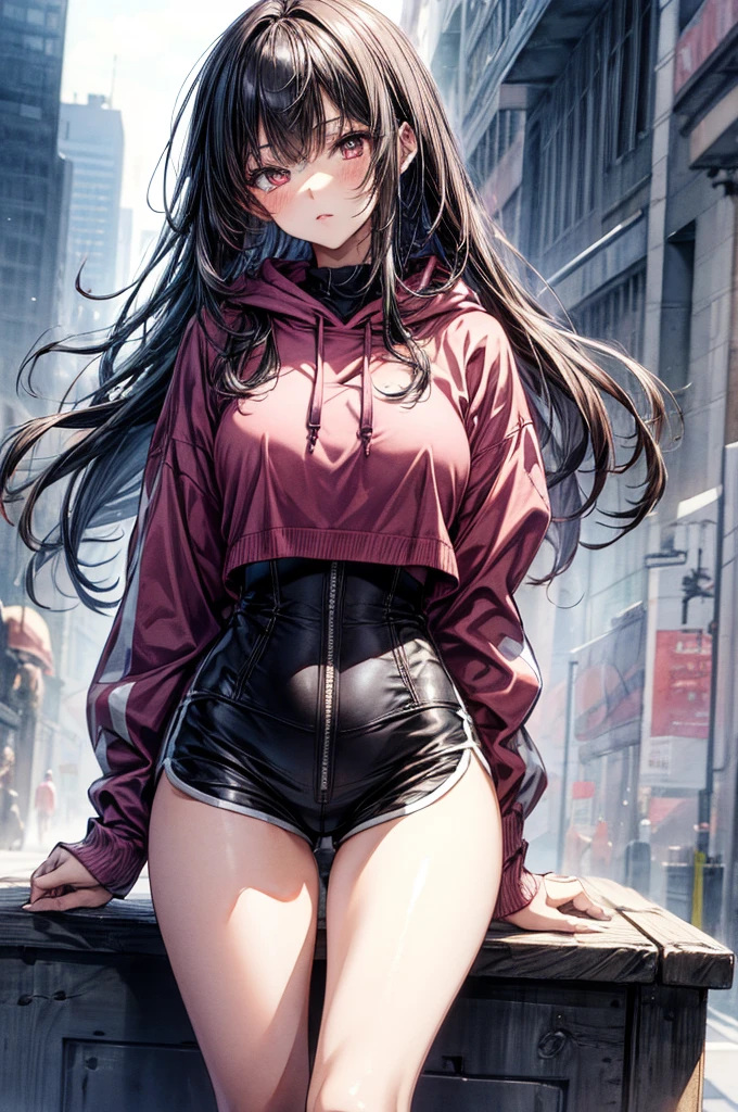 (Sketch)), ((Watercolor)), ((best quality)), ((masterpiece)), (detailed), 4k image, anime style, beautiful young girl, tanned white skin, sharp facial features, arrogant and disdainful expression, oval shaped face, full cherry pink lips, big round velvet colored eyes, D-cup breasts, slender and thin body, tight oversized hoodie reaching thighs, dolphin shorts, Sleek dark violet-black hair, (tied up into a messy bunl) , small narrow waist, full curvy hips, tall height(175cm)