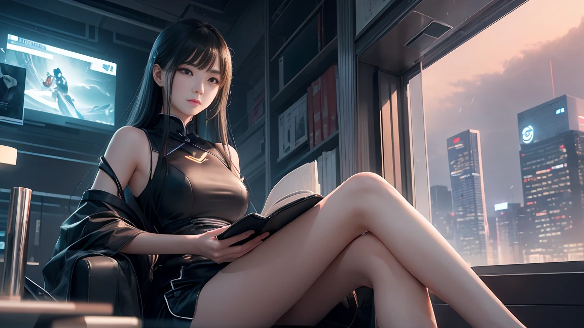 A gracefully poised young Chinese female teacher sits on a translucent csofa, appearing immensely at ease as she immerses herself in a book. The futuristic and cyber vibe emanates from the sleek, modern surroundings, creating a mesmerizing scene. The background should be Alpha. The teacher's serene expression and elegant posture reflect wisdom and knowledge. This vividly detailed image, possibly a digital painting or photograph, exudes a sense of high quality and sophistication. The viewer is drawn into a world of technological allure and intellectual charm.