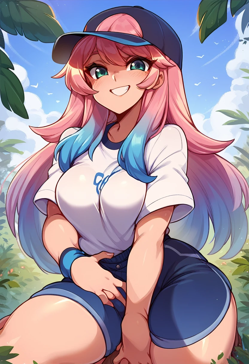 score_9, score_8_up, score_7_up, score_6_up, score_5_up, score_4_up, outdoors BREAK
merustyle, 1girl, solo, pink hair, blue hair, gradient hair, long hair, baseball cap, shirt, short, medium breasts, looking at viewer, smile