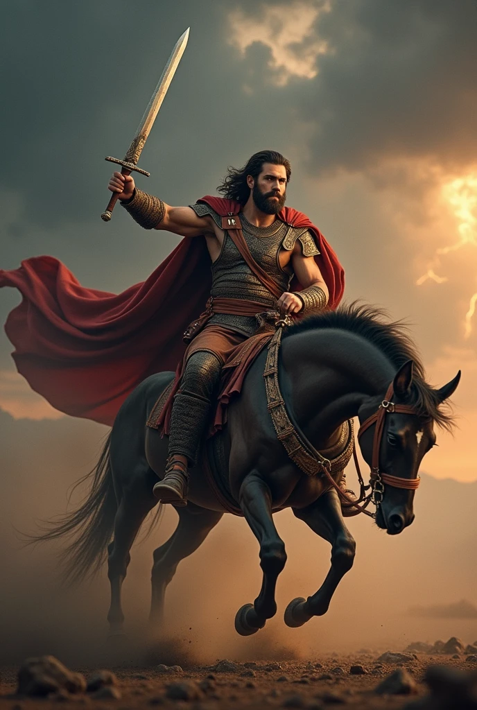 Generate an image that captures the heroic spectacle of Hercules leading a fierce and one-man charge against a massive army, mountains in the background, night, fire