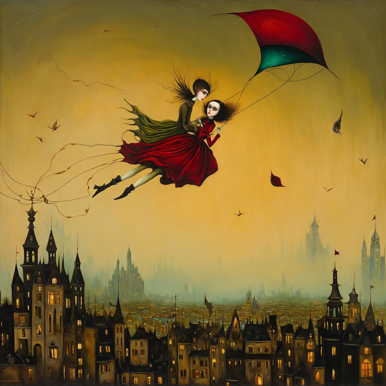 Aesthetic Surrealism painting, fusion of techniques, palette, styles by Esao Andrews, Aubrey Beardsley, Leonora Carrington, Surreal landscape, foreground of a girl floating on a kite over a dream-like city. Aesthetic surrealism, oil painting, golden sepia, green outline of canvas details, detailed facial features, whimsical contrast, highly detailed, cinematic lighting, vivid colors, dramatic composition, intricate details, digital art, surreal, mysterious, imaginative, ethereal, magical realism, light shading creates volume and depth, emotional expression, elements of symbolism and decoration to create a mystical atmosphere, unexpected details to create a mysterious and intriguing setting, Color Palette: Warm and rich colors - deep reds, golds and greens