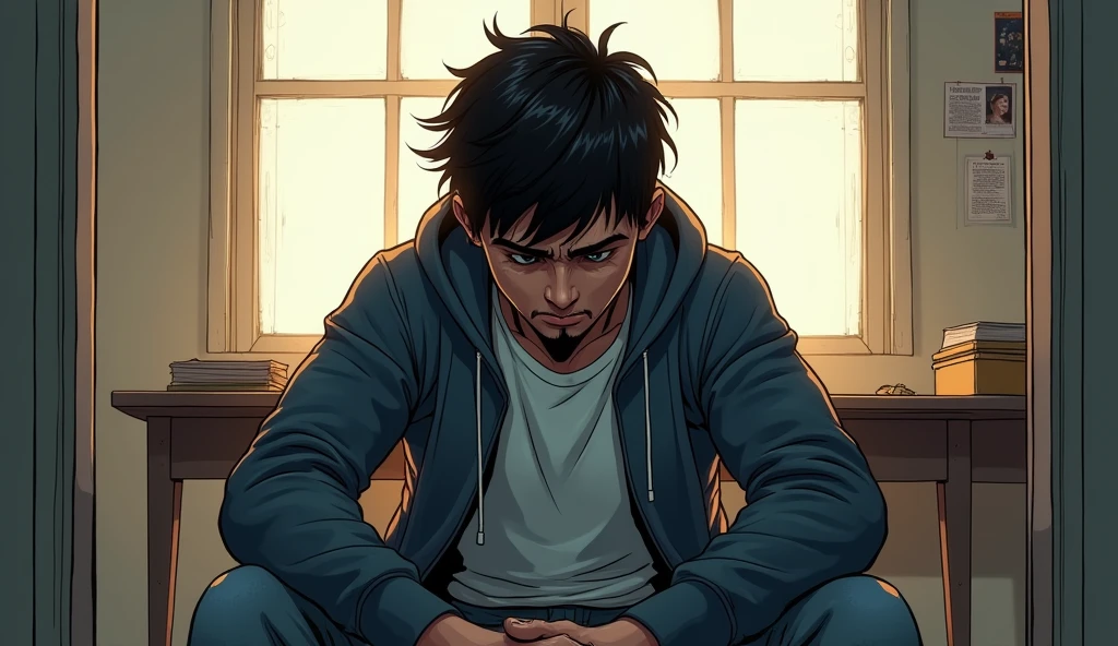 A dramatic realistic illustration of a man in close up, expression of discouragement, jaded, cabelo messdo, wrinkled clothes, in a sleeveless shirt, a television with netflix, a coffee table with beers, mess.