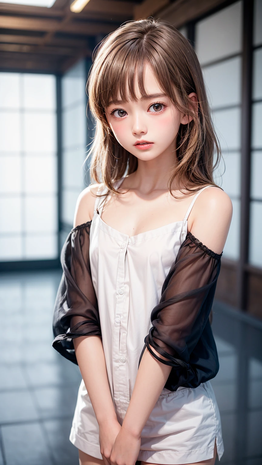 Touching the crotch、14mm prime lens、Focus on the foreground eye、(masterpiece),(Realistic skin type),(Fine skin quality),12year old、looking at the viewers、、realisitic、1人、a small face、、cowboy shot、(fish-eye lens)、Small and dirty room、((Camisole))、Cotton panties、Japan's Red Light District、((Prostitutes))、((natta))、The light in the room is not on,Night view outside the window、Show both sides