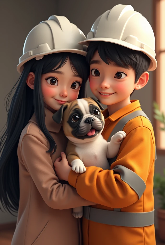 Make a young mining engineer with a white helmet and a female sociologist with Chinese eyes and black hair hugging her white French bulldog puppy with a black spot on its left side face who are happy 