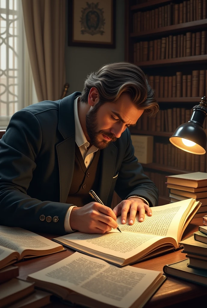 an author writing in a book with an old pen