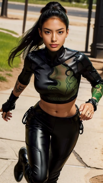 Woman with green eyes and freckles in full body pose running frontally to the camera. Woman has beautiful indigenous facial features. Woman has a large tribal tattoo from her arms over her shoulder and across her neck. Clothing is a ruffle crop top and mesh leather bell bottom pants and leather boots. Clothing color is black and yellow.