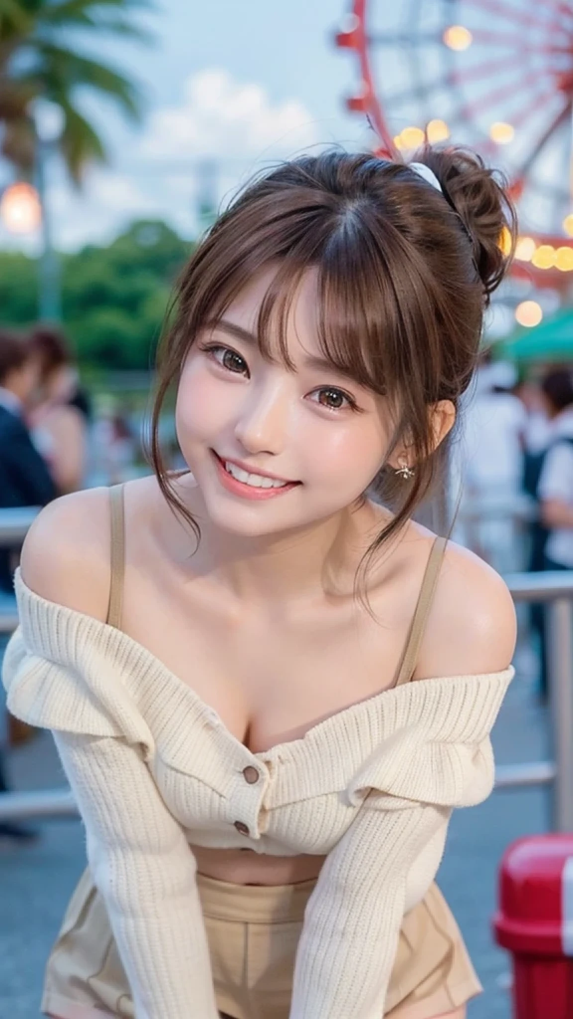  (Highest quality, DSLR shot, 8k, highest quality, high resolution, highest quality, highest resolution, very beautiful woman, perfect anatomy), light brown eyes, very light brown eyes, small diamond-shaped earrings, looking directly at the camera, beautiful brown hair, ((baby-faced, loose and cute medium ponytail, showing beautiful thighs)), very short and beautiful bangs with brown hair, E-cup chest, showing beautiful décolletage, very beautiful 20-year-old, lip gloss, smiling very happily, very cute smile, upper teeth, beautiful teeth, (random amusement park ferris wheel (background only)), slightly large eyes, small face, tall supermodel, beautifully shaped model, (random cute pose showing thighs), dynamic angle, eye focus, head tilt, very detailed and realistic, very beautiful 20-year-old, ((medium shot)), sharp jawline, ((random cute off-shoulder top and mini skirt)), deep waistline, sexy legs, front view, smiling joyfully, laughing, summer day