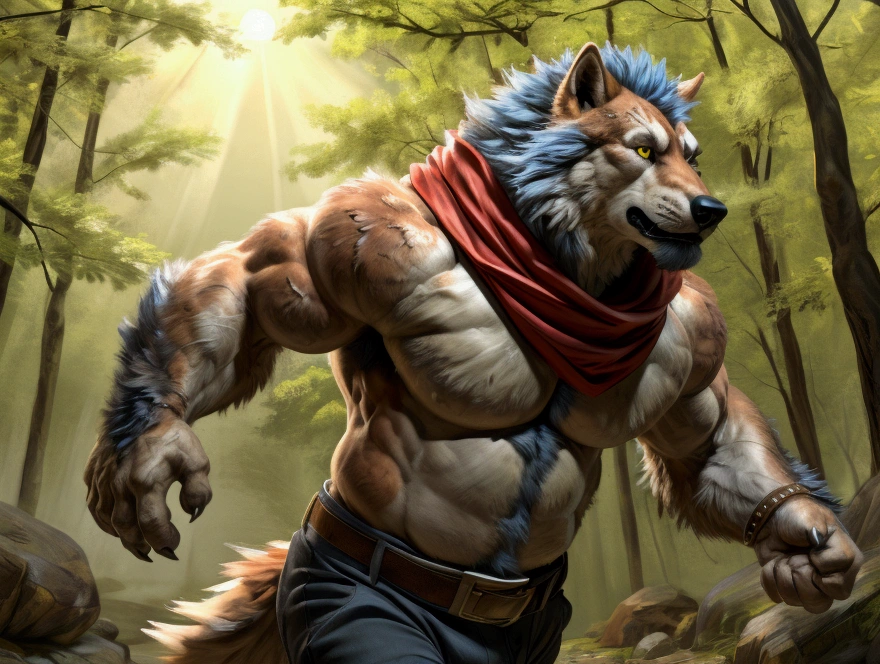 muscular feral:1.2 fat werewolf , posing for the camera. 4k, high resolution, best quality, perfect colors, perfect shadows, perfect lighting, posted on e621, blue pavo furry body, orange fur, white chest, black beard, feral wolf,love werewolf, blue hair , male, adult, eyes, realistic eyes, looking at camera, masculine, (muscular, dense build:1.4, muscular shoulders, strong pecs), correct anatomy, dad body, (photorealistic fur, detailed fur, epic, masterpiece:1.2), (detailed forest, jogging, sunshine:1.2), sexy shadows, (by echin, by Taran Fiddler, by takemoto arashi, by Traver009, by realista wolf , (detailed eyes:1.2), impressive physique, struggling, bothered face, exhausted, detailed  yellow eyes, looking at camera, (close-up):1, Bergamo_DB, realistic fur, posing for the camera, showing off. Smirk, 4k, high resolution, best quality, posted on e621, solo, anthro body, , daddy , musclegut, (correct muscles, detailed muscles,very muscles abdomen,The arms in muscle, wide chest, wide shoulders, muscular shoulders, pectorals, biceps, (overweight:2.0), (wide waist:1.2), correct anatomy, correct proportions, taran fiddler anatomy, (space clouds, lying in bed , stars:1.0), (by negger, by juiceps, by taran fiddler:1.0), confident, strong, (long wolf tail:1.0),(open pants, belt:1.0), strong pose, shading,(dramatic lighting, glow, backlight:1.2), spread legs, red scarf ,Very huge bulge