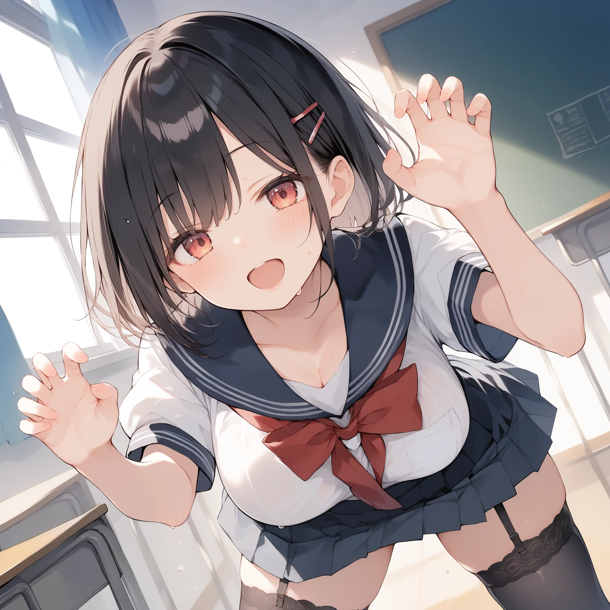 from above、high resolution、caustics、super detailed skin、(perfect anatomy:1.4)、detailed、(cinematic lighting:1.1)、solo、1girl、full body、v sign、spread legs with squatting pose、cute、extra huge breast、skinny、hime_cut、bob cut、black hair、(sailor shirt:1.2)、crop top navel、(highleg panties:1.2)、(hipbone skirt:1.3)、black thighhighs、choker、 platform shoes、(gleaming skin:1.4)、(classroom:1.3)、