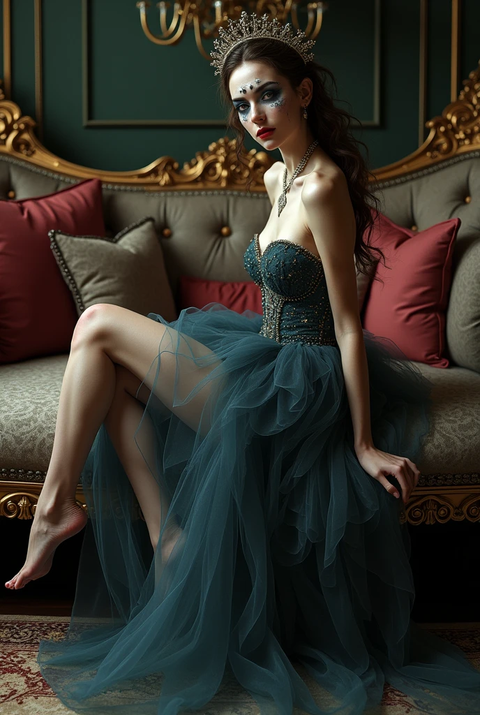 Cinderella, dressed still in her soot-stained, sparkling blue satin ballgown, kneels on the dirty, stone kitchen floor by the fireplace, scrubbing the caked-on dirt and grime with a brush. Her once-gleaming glass slippers are now scuffed and dirt-stained, but she hasn't bothered to take them off, her focus solely on the task at hand. Her hair, once styled in an elegant updo, has come undone, and strands of brown hair fall haphazardly around her flushed cheeks. She still wears her long, white satin gloves, now stained with soot and grime. Her face is smudged with soot and dirt, but her eyes still sparkle with the memory of the magical evening. Her movements are slow and deliberate, as if she is lost in thought, her mind still reeling from the events of the night. She continues to scrub the floor, a small smile playing at the corners of her lips. (housework) (messy) (((disheveled)))