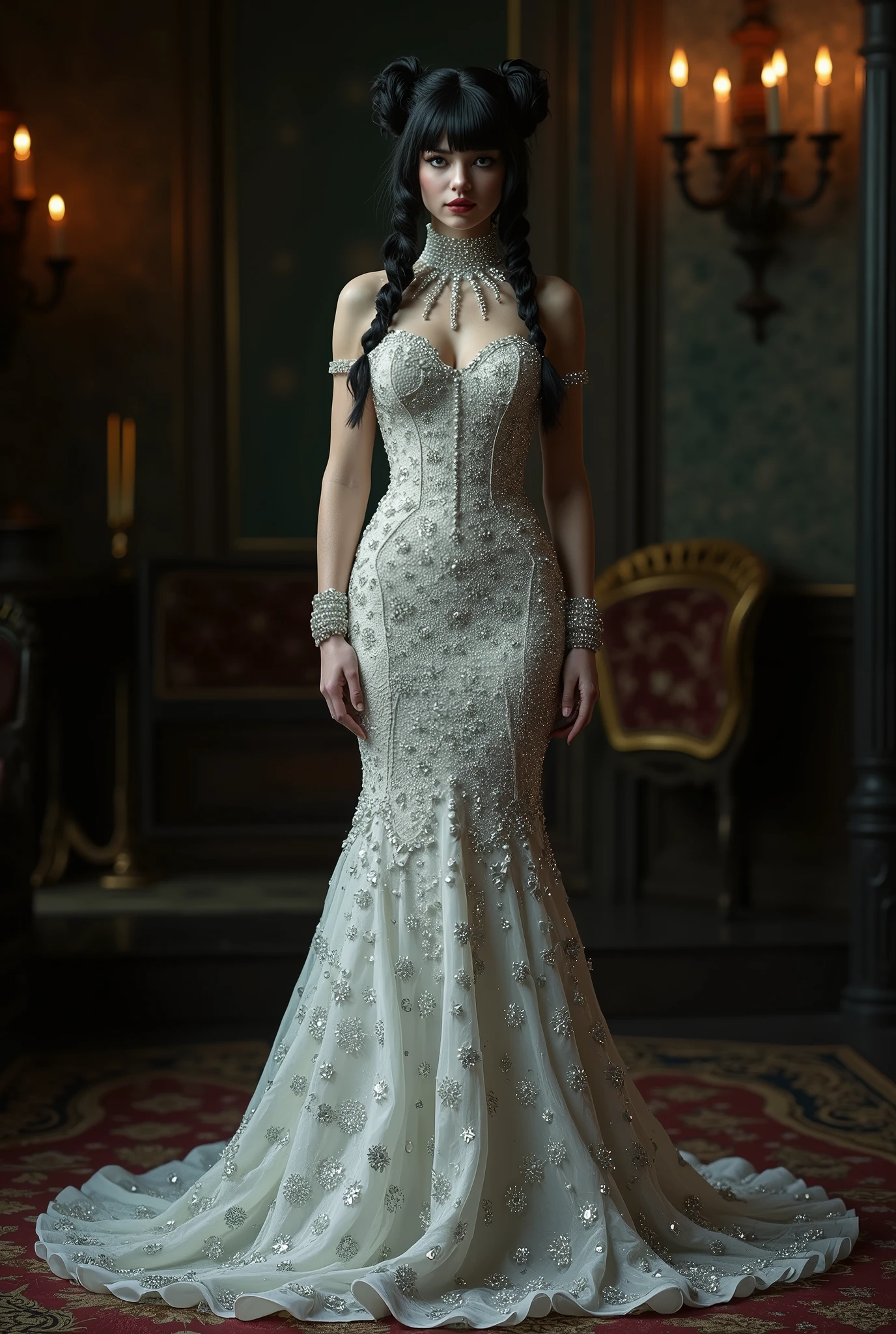 ((top-quality、​masterpiece、8K))、Beautuful Women、delicate and beautiful face、（Luxury dresses in the style of medieval Europe、Princess）、(huge tit)、Luxury Accessories、European-style castle、Cinematic lighting、Textured skin、Super Detail、high detailing、High quality、hight resolution